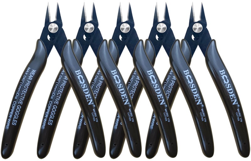 BOOSDEN Flush Cut Pliers  5 Pack  5 Inch Small Wire Cutters  BOOSDEN 170 Wire Cutters Flush Cutter Pliers  Micro Flush Cutter  Wire Cutters for Crafts  Models  Zip Ties Snips  Nippers  Electronic Side Cutters - Image 1